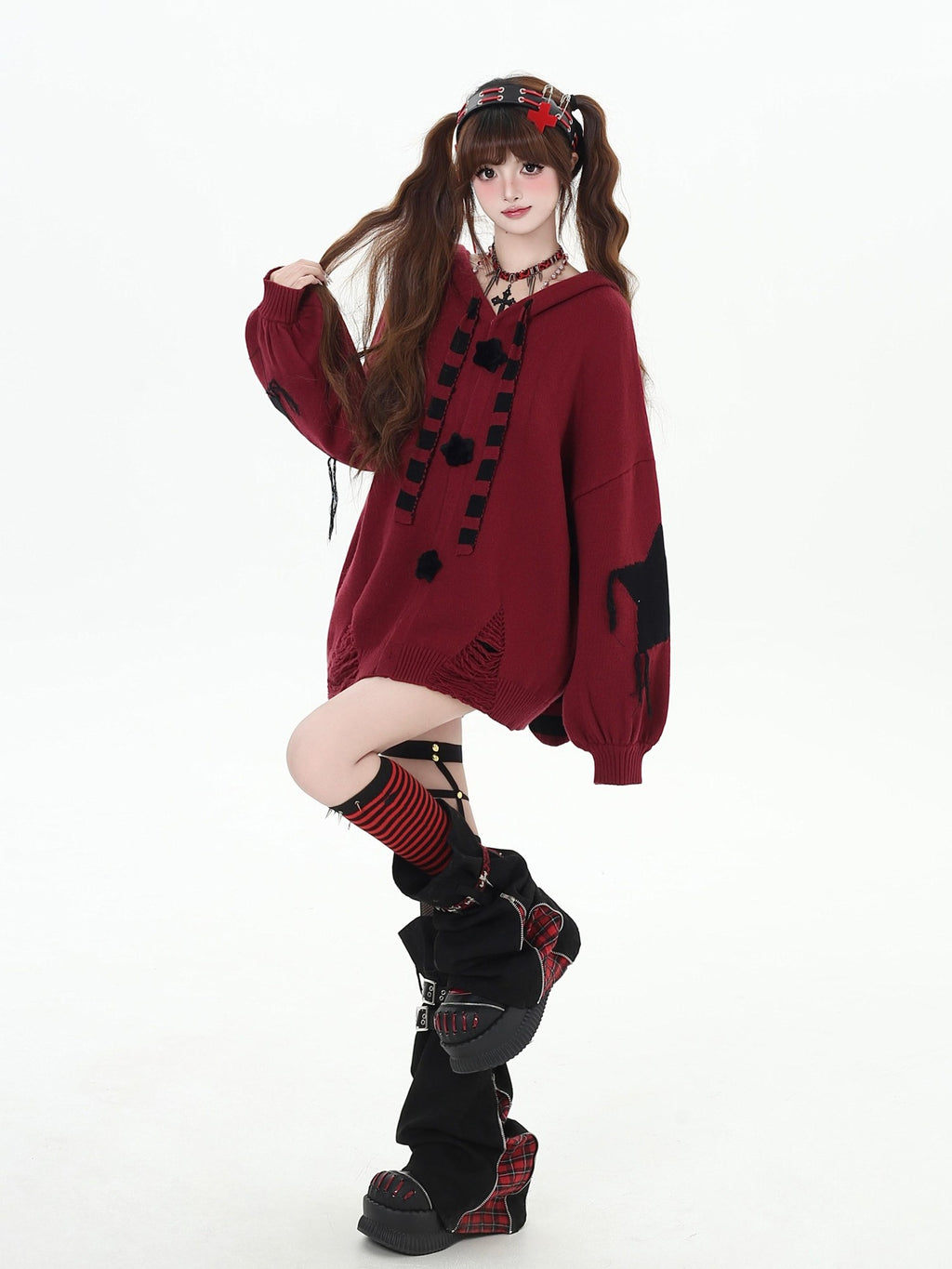 CRAZYGIRL Striped Star Hooded Rabbit Ear Street Style Women's Knit Cardigans