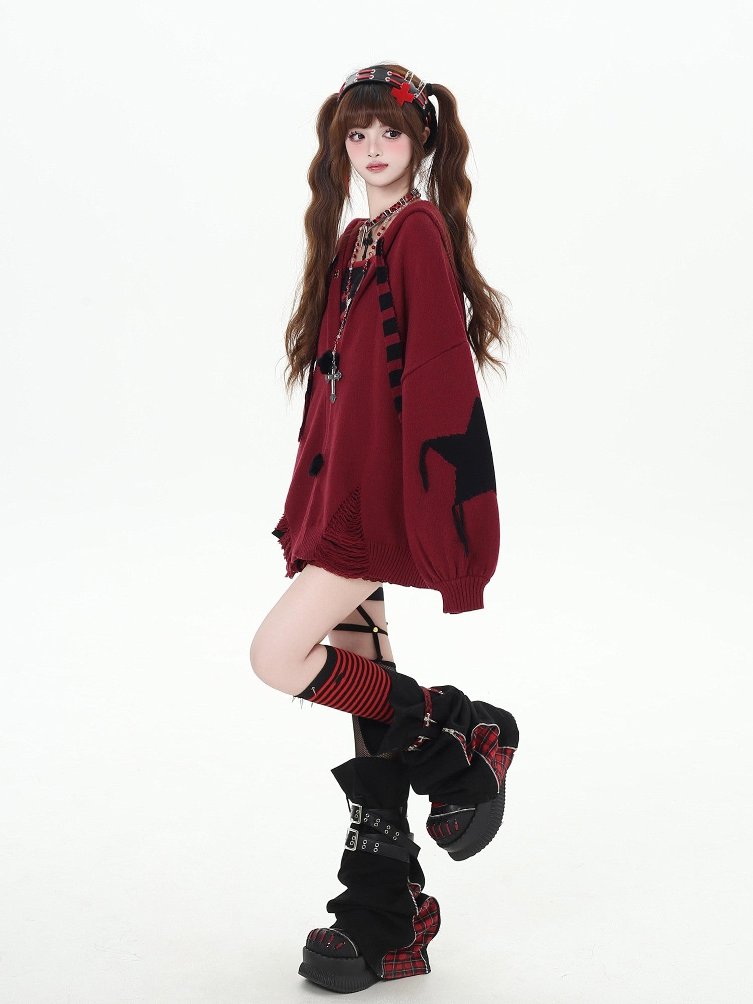 CRAZYGIRL Striped Star Hooded Rabbit Ear Street Style Women's Knit Cardigans
