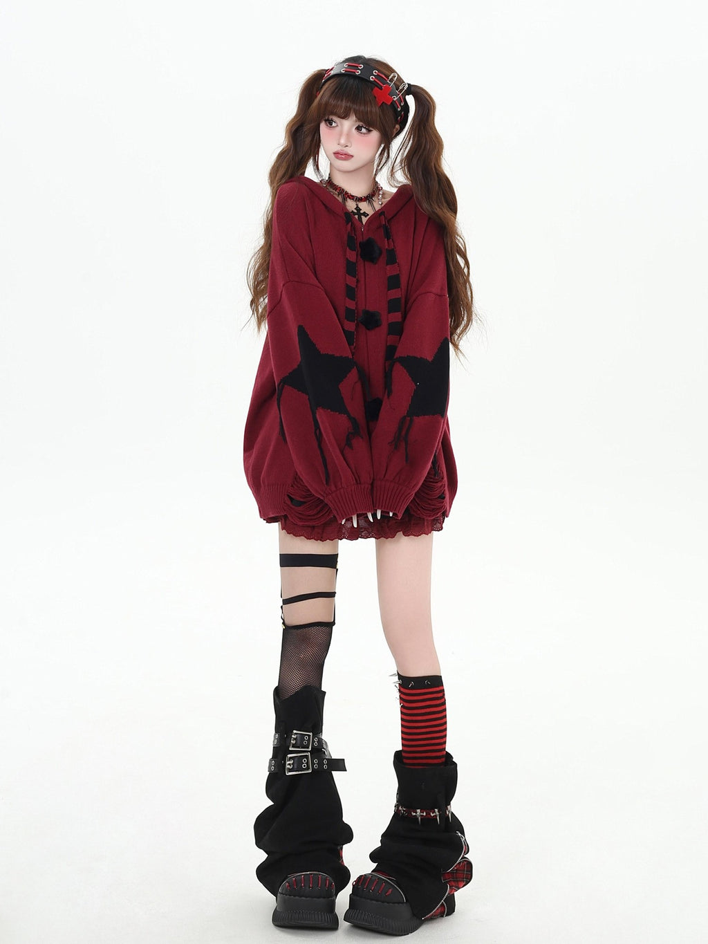 CRAZYGIRL Striped Star Hooded Rabbit Ear Street Style Women's Knit Cardigans