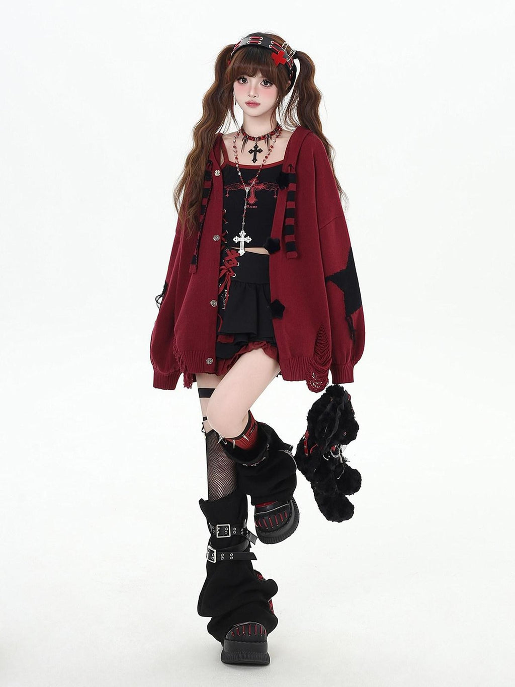 CRAZYGIRL Striped Star Hooded Rabbit Ear Street Style Women's Knit Cardigans