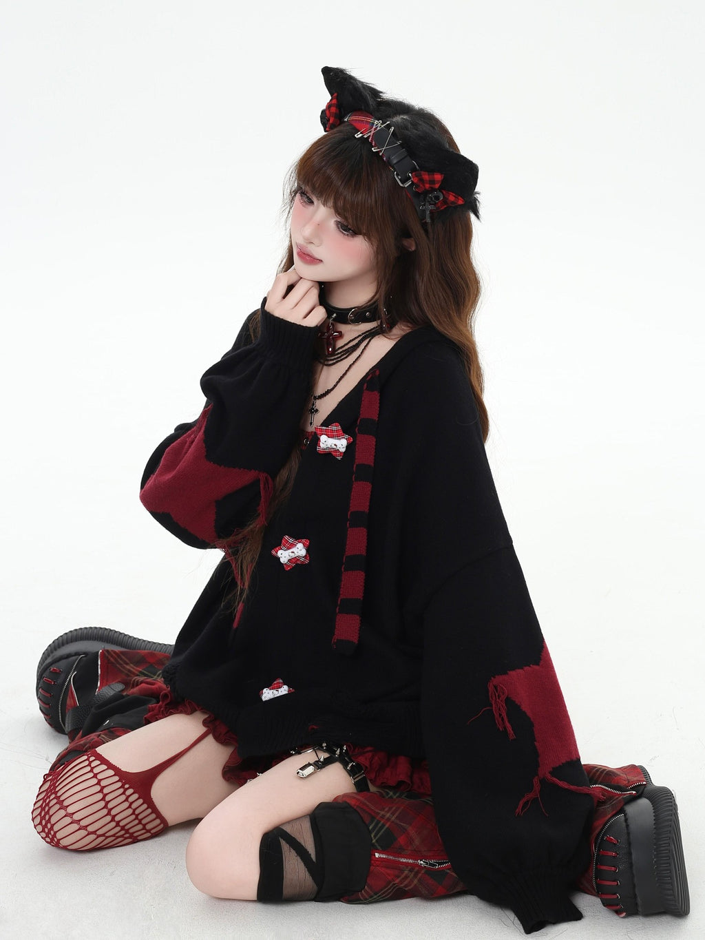 CRAZYGIRL Striped Star Hooded Rabbit Ear Street Style Women's Knit Cardigans