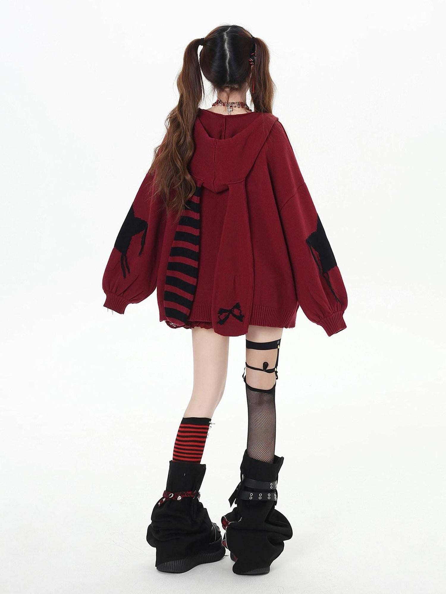 CRAZYGIRL Striped Star Hooded Rabbit Ear Street Style Women's Knit Cardigans