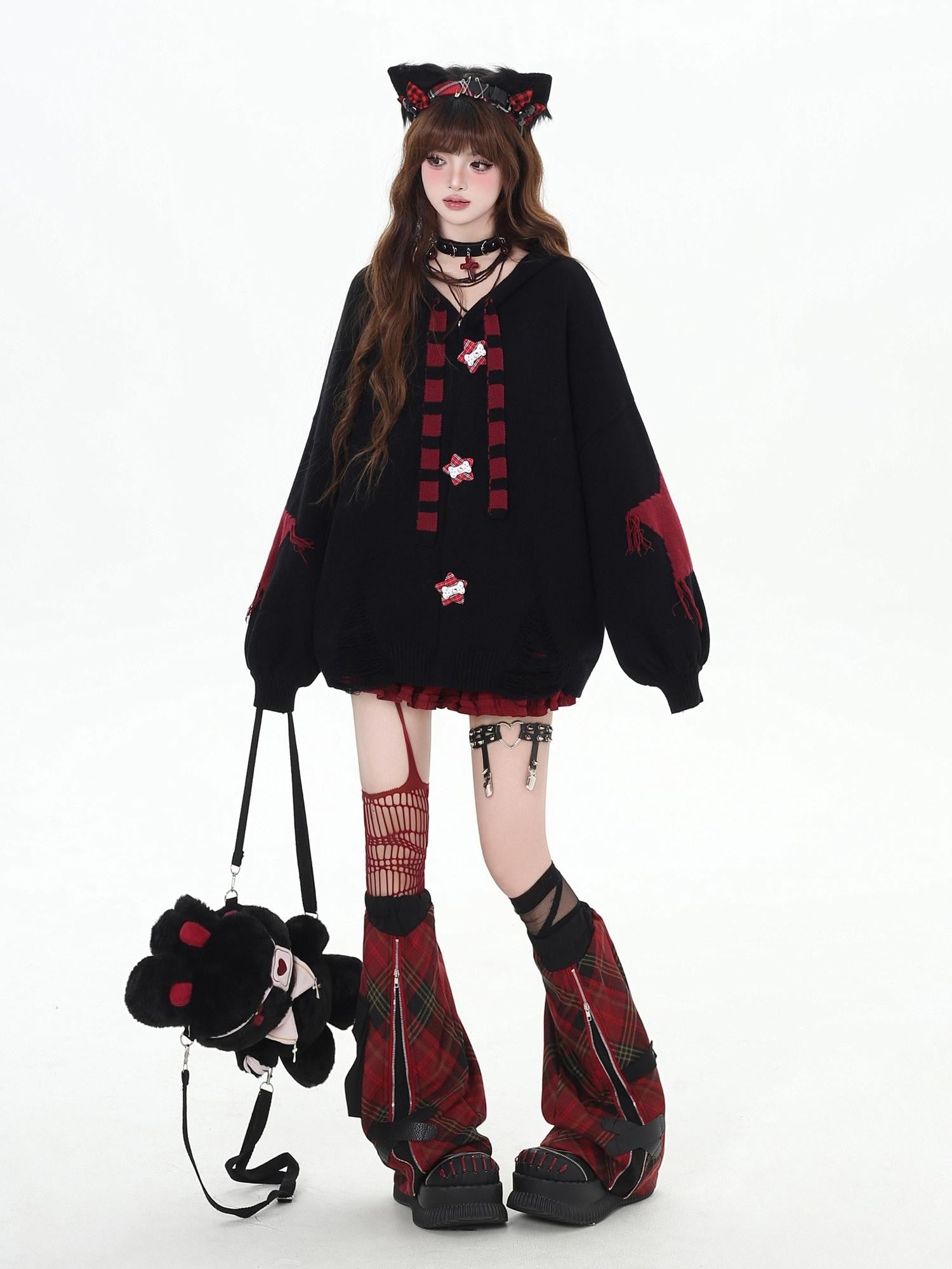 CRAZYGIRL Striped Star Hooded Rabbit Ear Street Style Women's Knit Cardigans