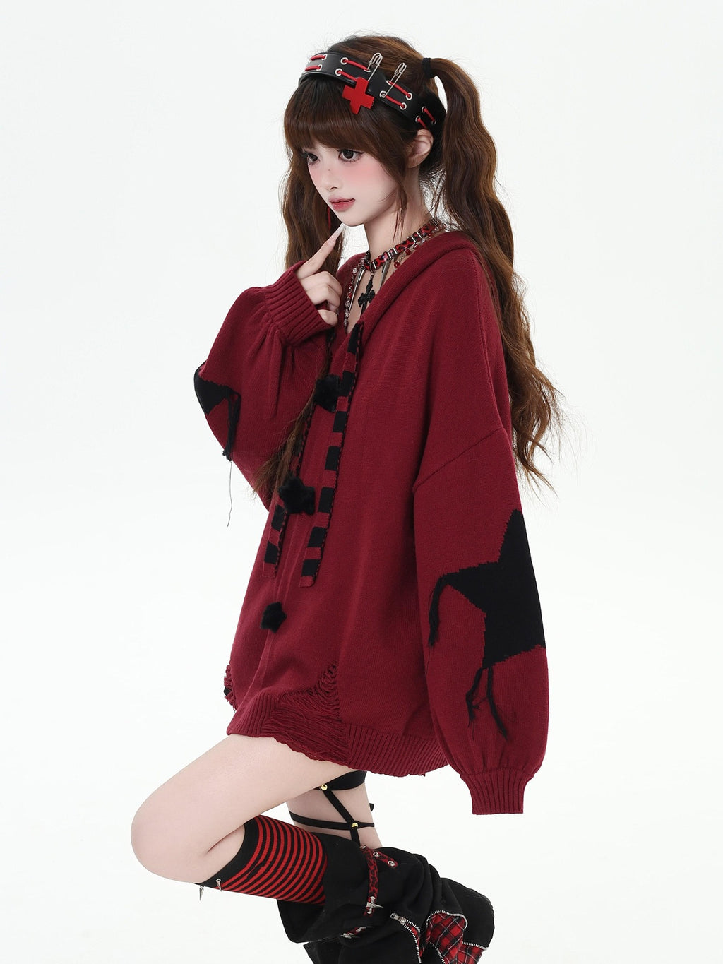 CRAZYGIRL Striped Star Hooded Rabbit Ear Street Style Women's Knit Cardigans
