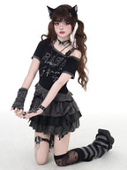 CRAZYGIRL Subculture Off Shoulder Ripped Cropped Slim Fit Women's Short Sleeve T-shirts