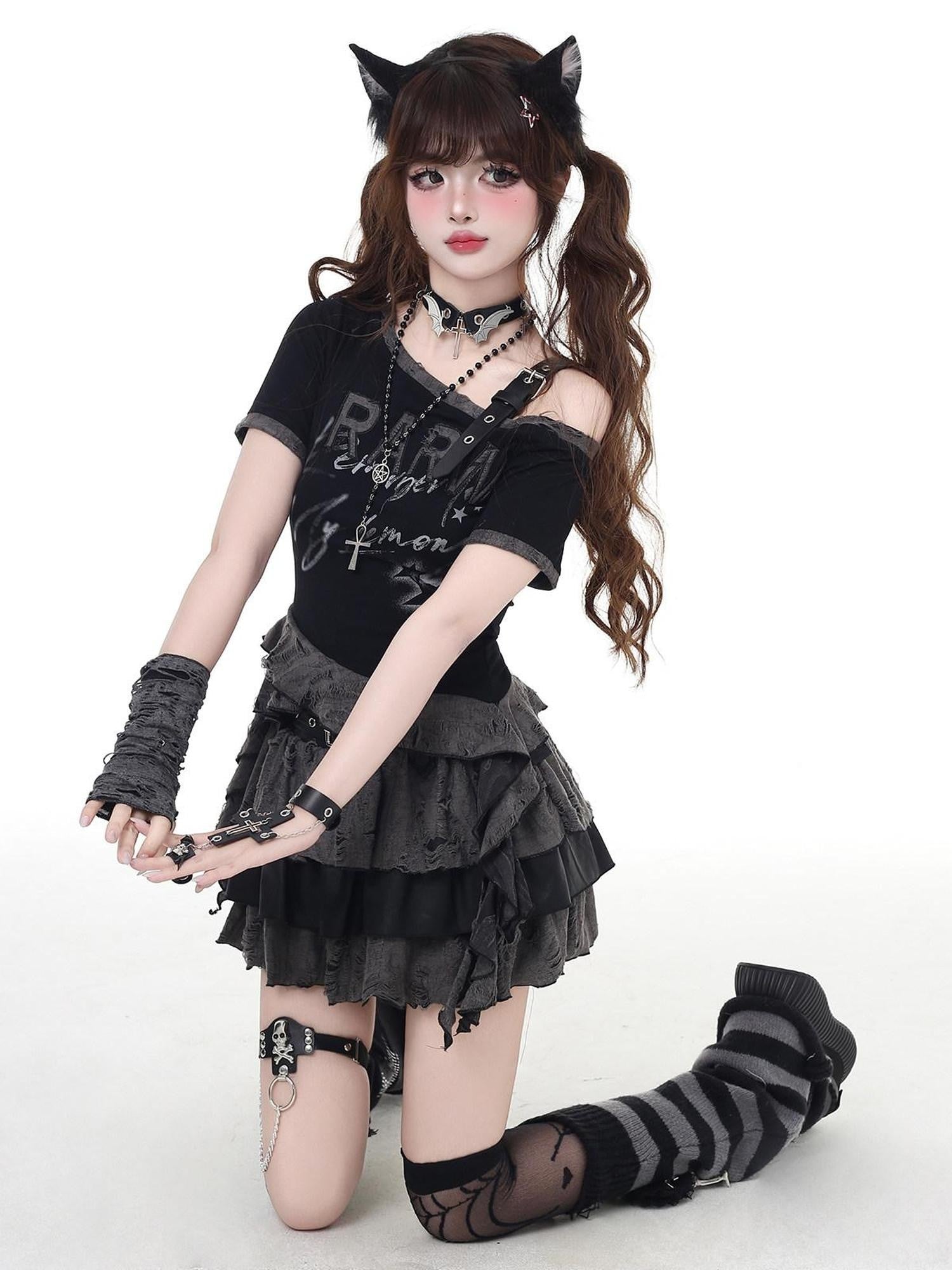 CRAZYGIRL Subculture Off Shoulder Ripped Cropped Slim Fit Women's Short Sleeve T-shirts