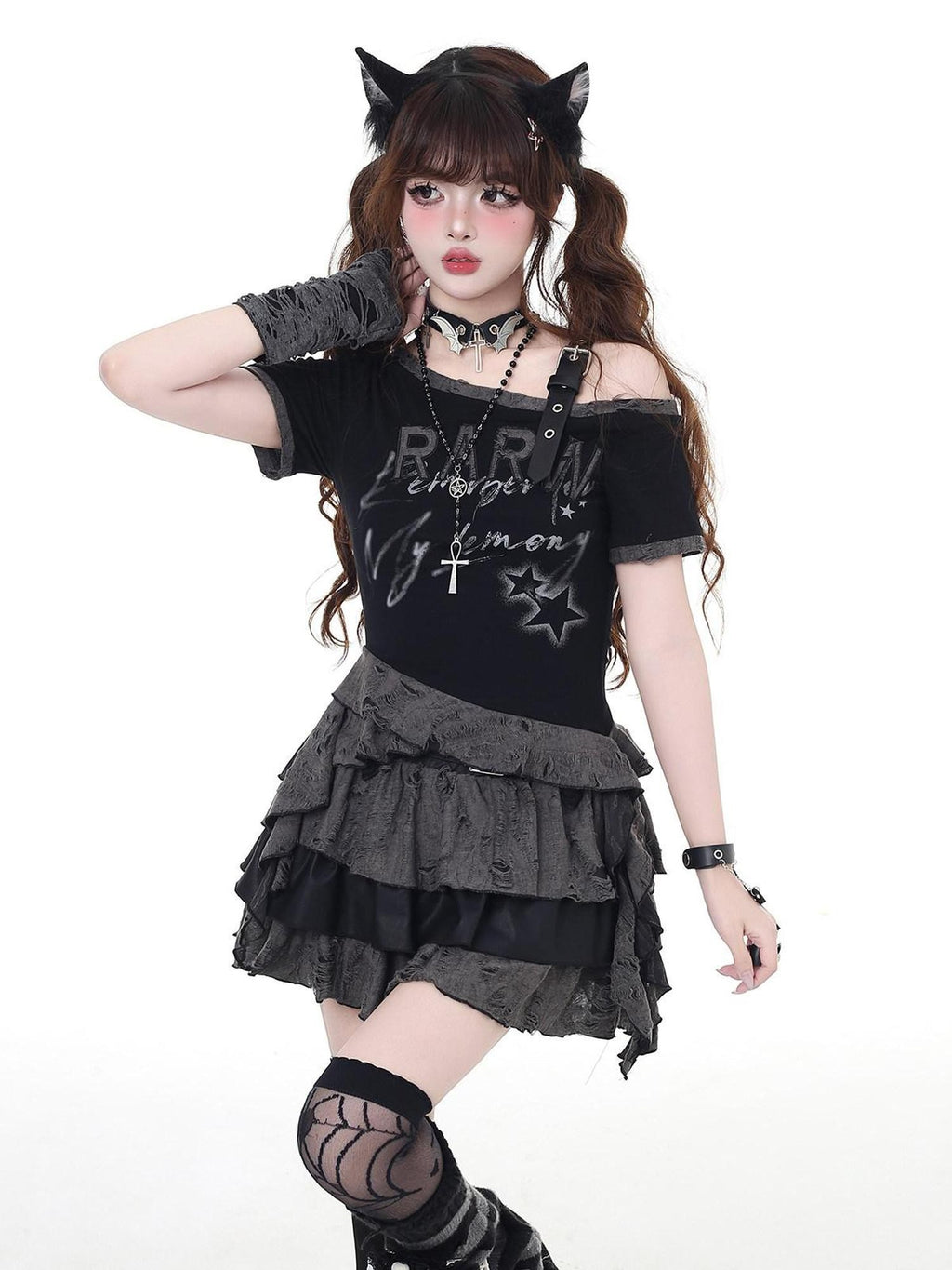 CRAZYGIRL Subculture Off Shoulder Ripped Cropped Slim Fit Women's Short Sleeve T-shirts
