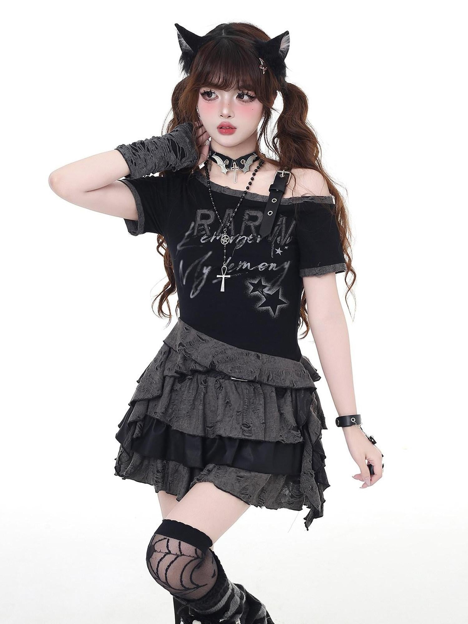 CRAZYGIRL Subculture Off Shoulder Ripped Cropped Slim Fit Women's Short Sleeve T-shirts