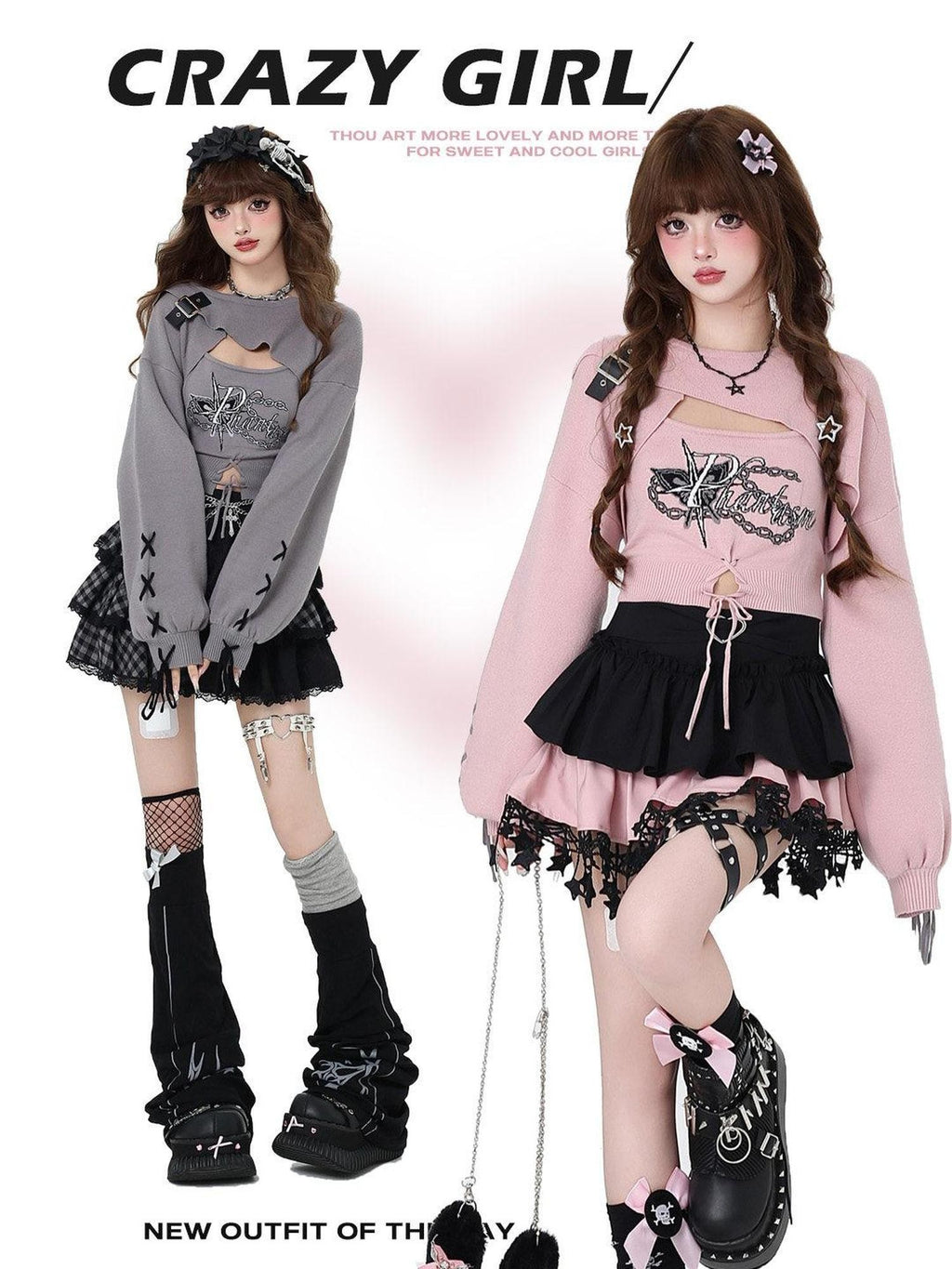 CRAZYGIRL Sweet Cartoon Letter Print Two Piece Pullover Women's Knitted Sweaters
