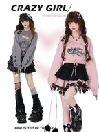 CRAZYGIRL Sweet Cartoon Letter Print Two Piece Pullover Women's Knitted Sweaters