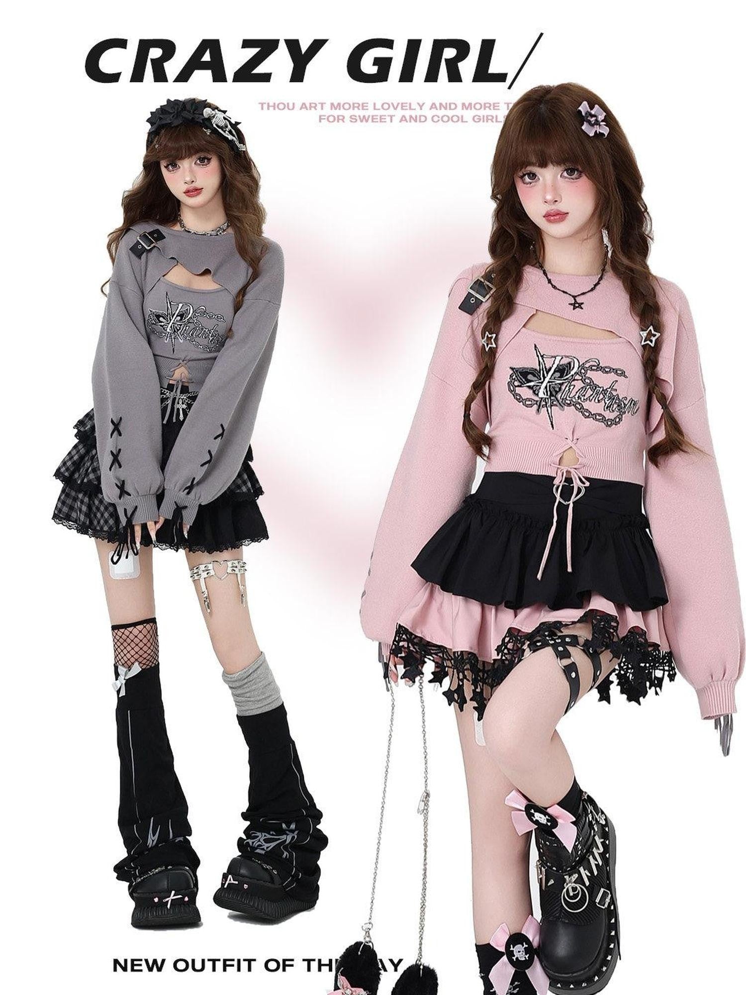 CRAZYGIRL Sweet Cartoon Letter Print Two Piece Pullover Women's Knitted Sweaters
