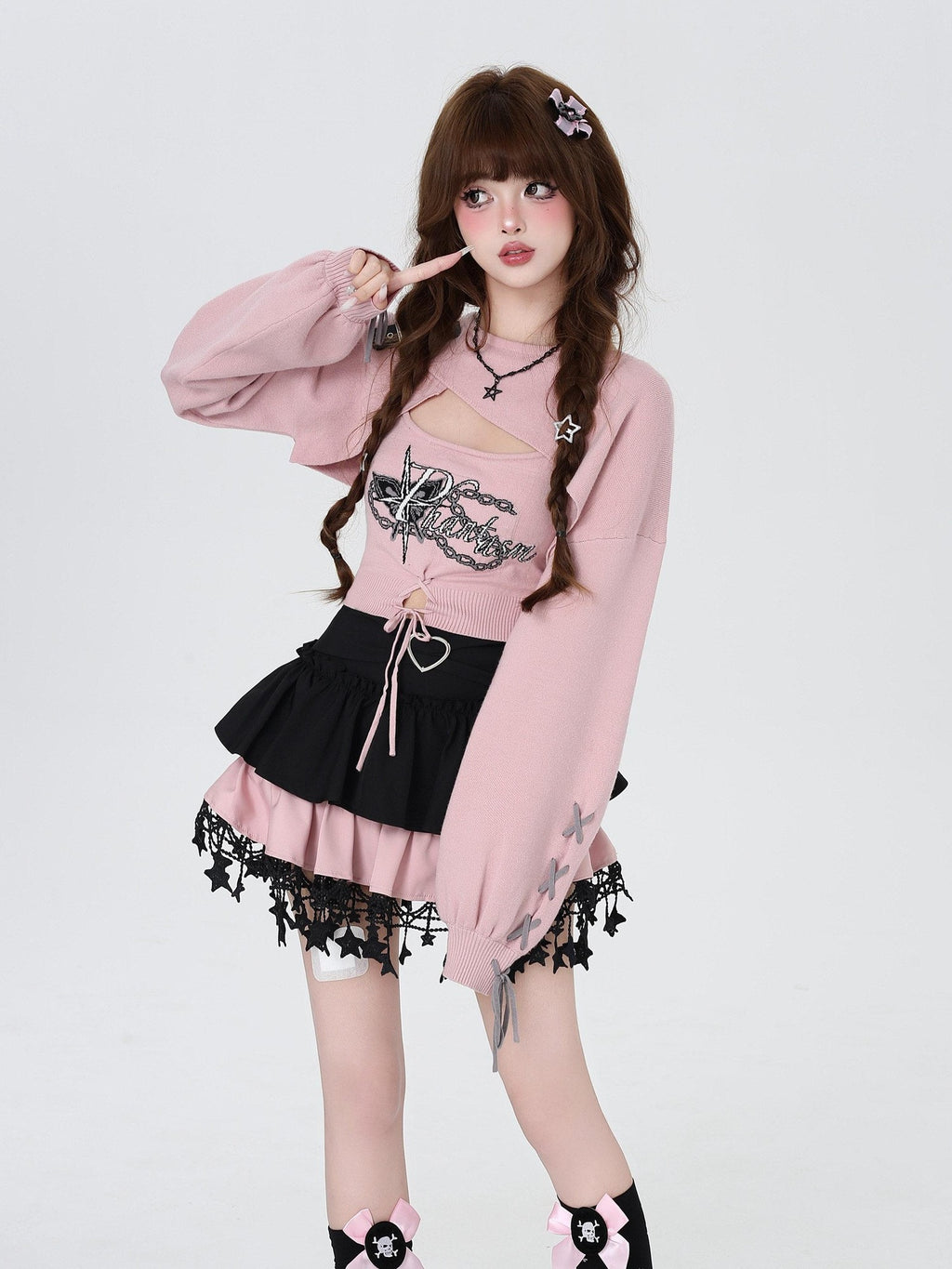 CRAZYGIRL Sweet Cartoon Letter Print Two Piece Pullover Women's Knitted Sweaters