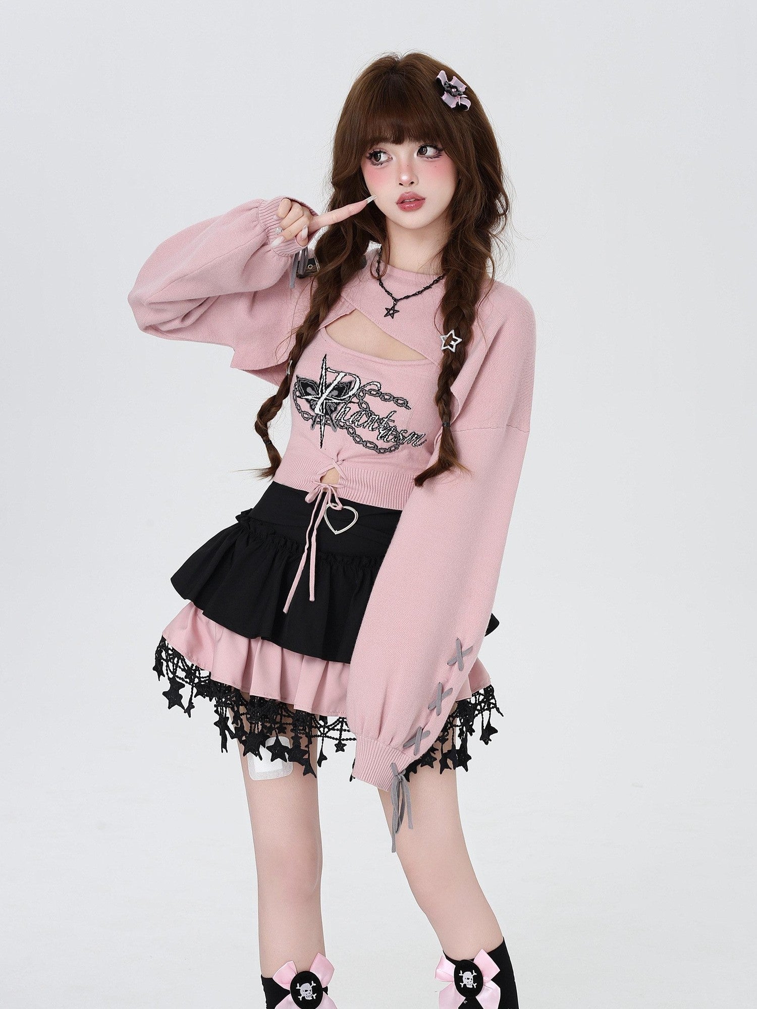 CRAZYGIRL Sweet Cartoon Letter Print Two Piece Pullover Women's Knitted Sweaters