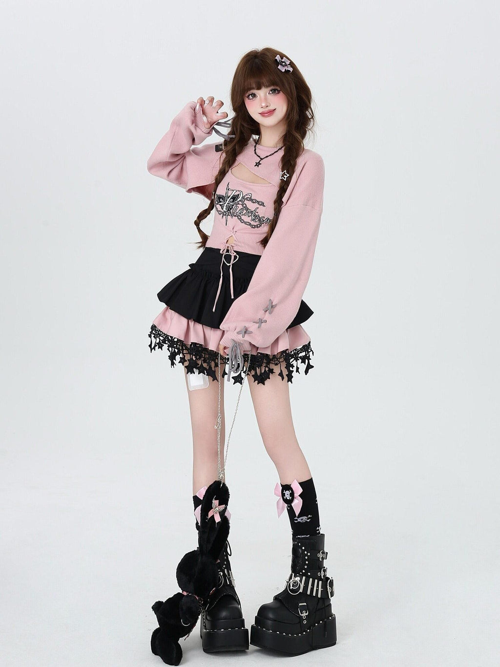 CRAZYGIRL Sweet Cartoon Letter Print Two Piece Pullover Women's Knitted Sweaters
