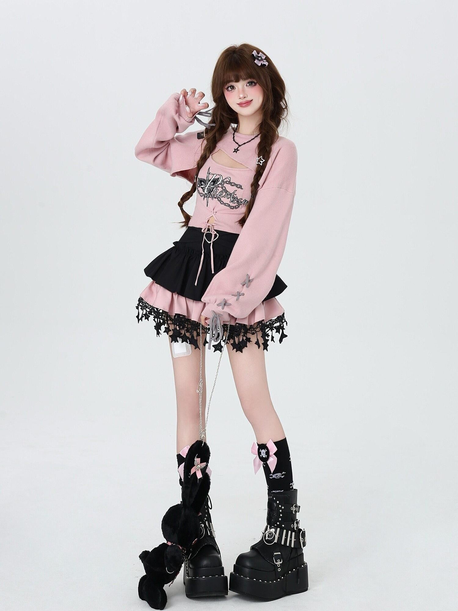 CRAZYGIRL Sweet Cartoon Letter Print Two Piece Pullover Women's Knitted Sweaters
