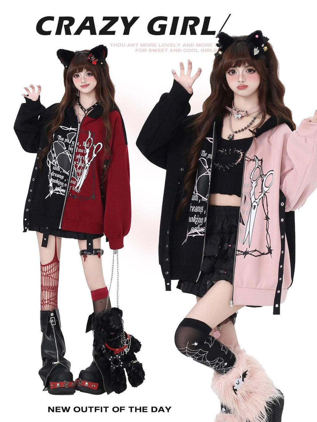 CRAZYGIRL Sweet Cool Colorblock Zip Fleece Lined Loose Hooded Women's Hoodies