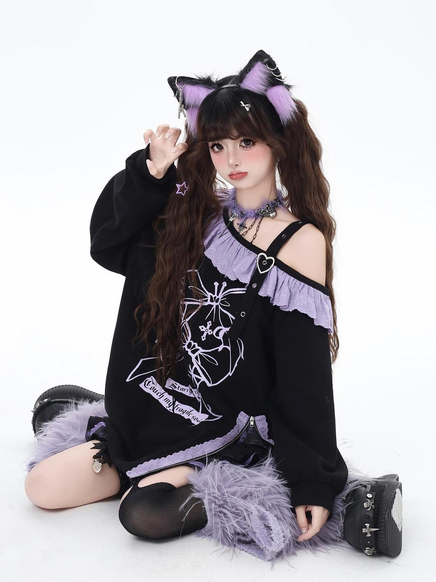CRAZYGIRL Sweet Cool Lace Off Shoulder Loose Women's Other Material Sweatshirts