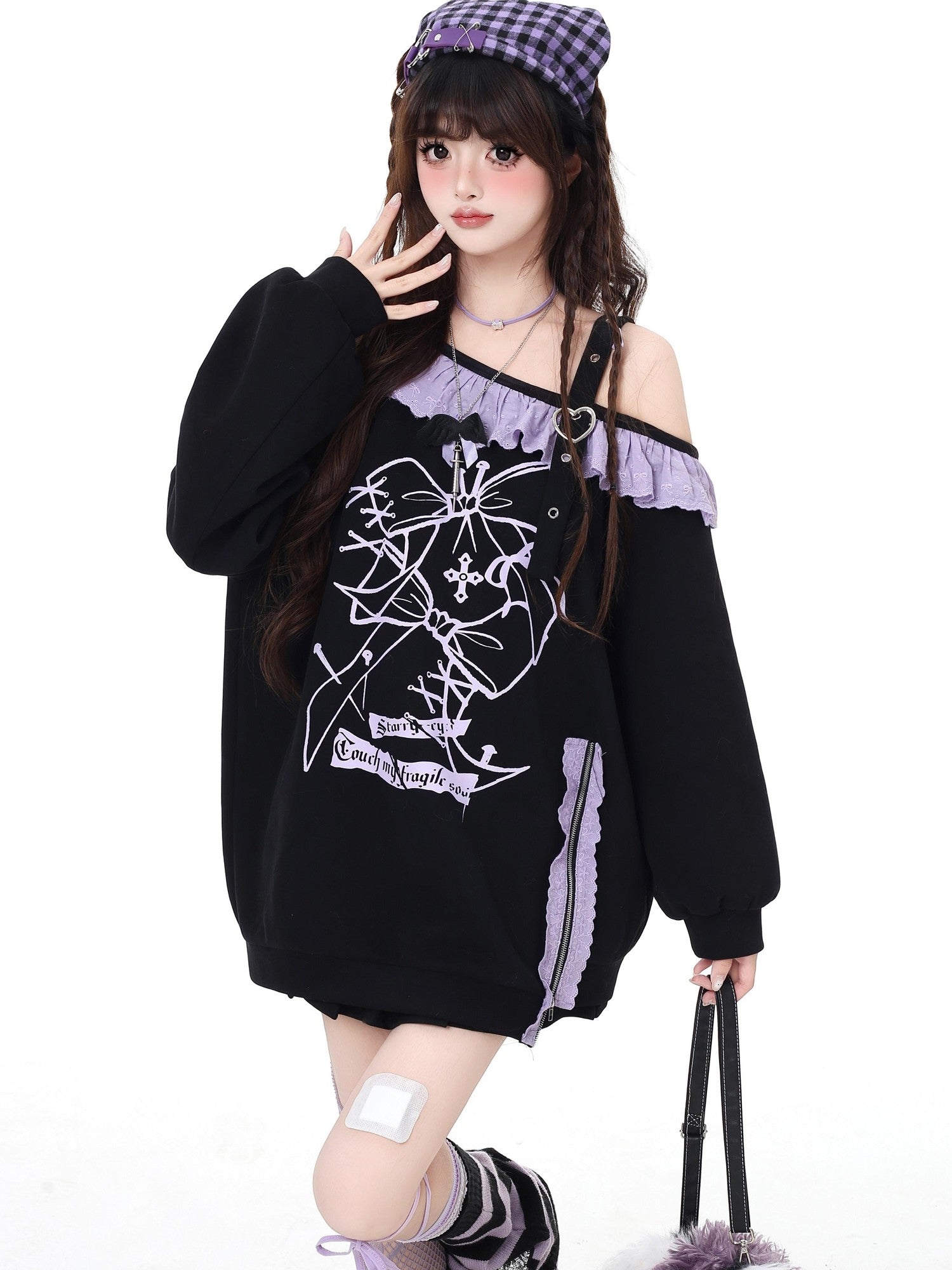 CRAZYGIRL Sweet Cool Lace Off Shoulder Loose Women's Other Material Sweatshirts