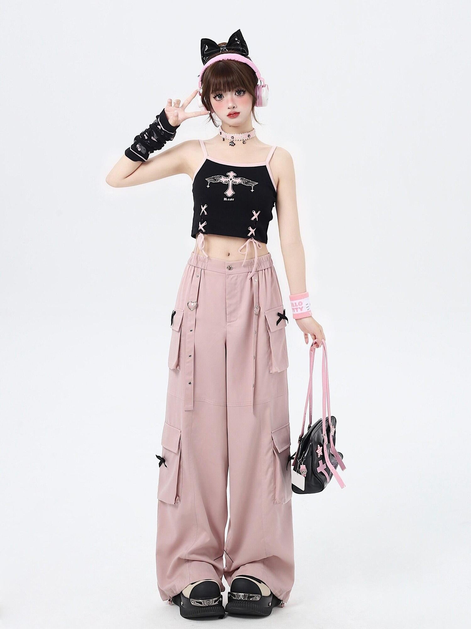 CRAZYGIRL Sweet Edgy Street Straight Loose Design Cargo Women's Wide-leg Pants