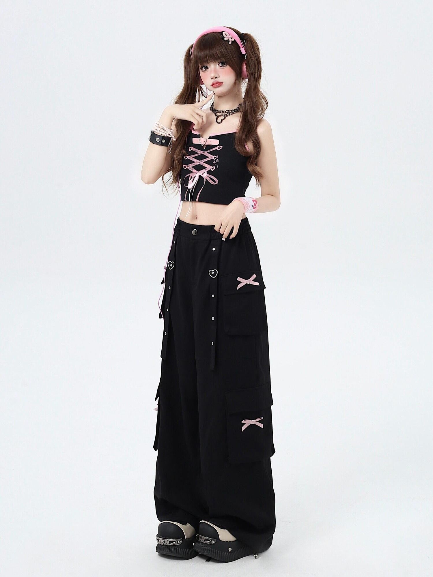 CRAZYGIRL Sweet Edgy Street Straight Loose Design Cargo Women's Wide-leg Pants