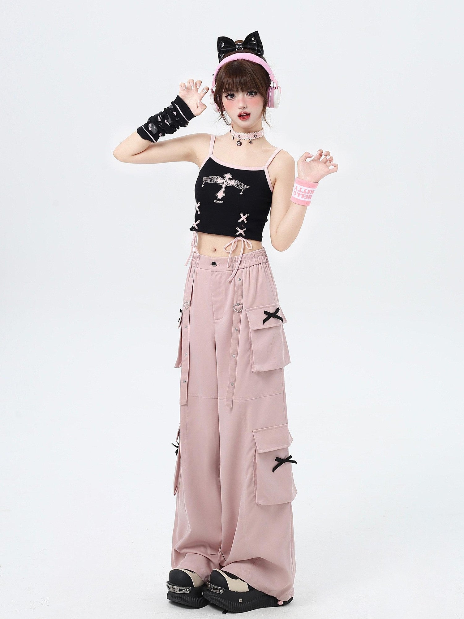 CRAZYGIRL Sweet Edgy Street Straight Loose Design Cargo Women's Wide-leg Pants