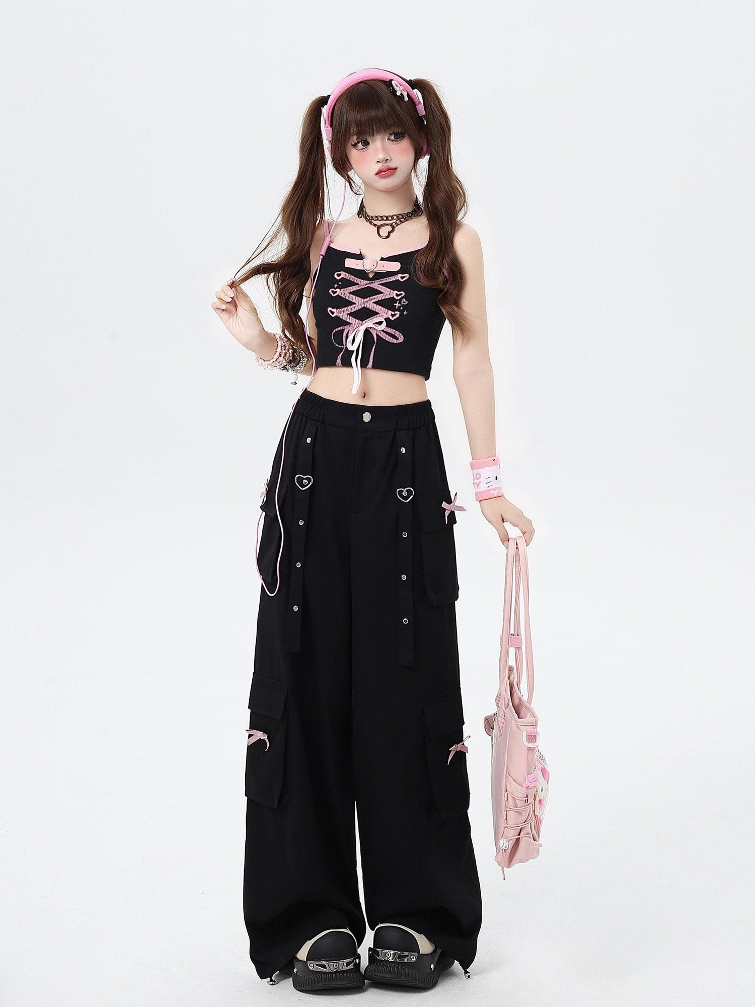 CRAZYGIRL Sweet Edgy Street Straight Loose Design Cargo Women's Wide-leg Pants