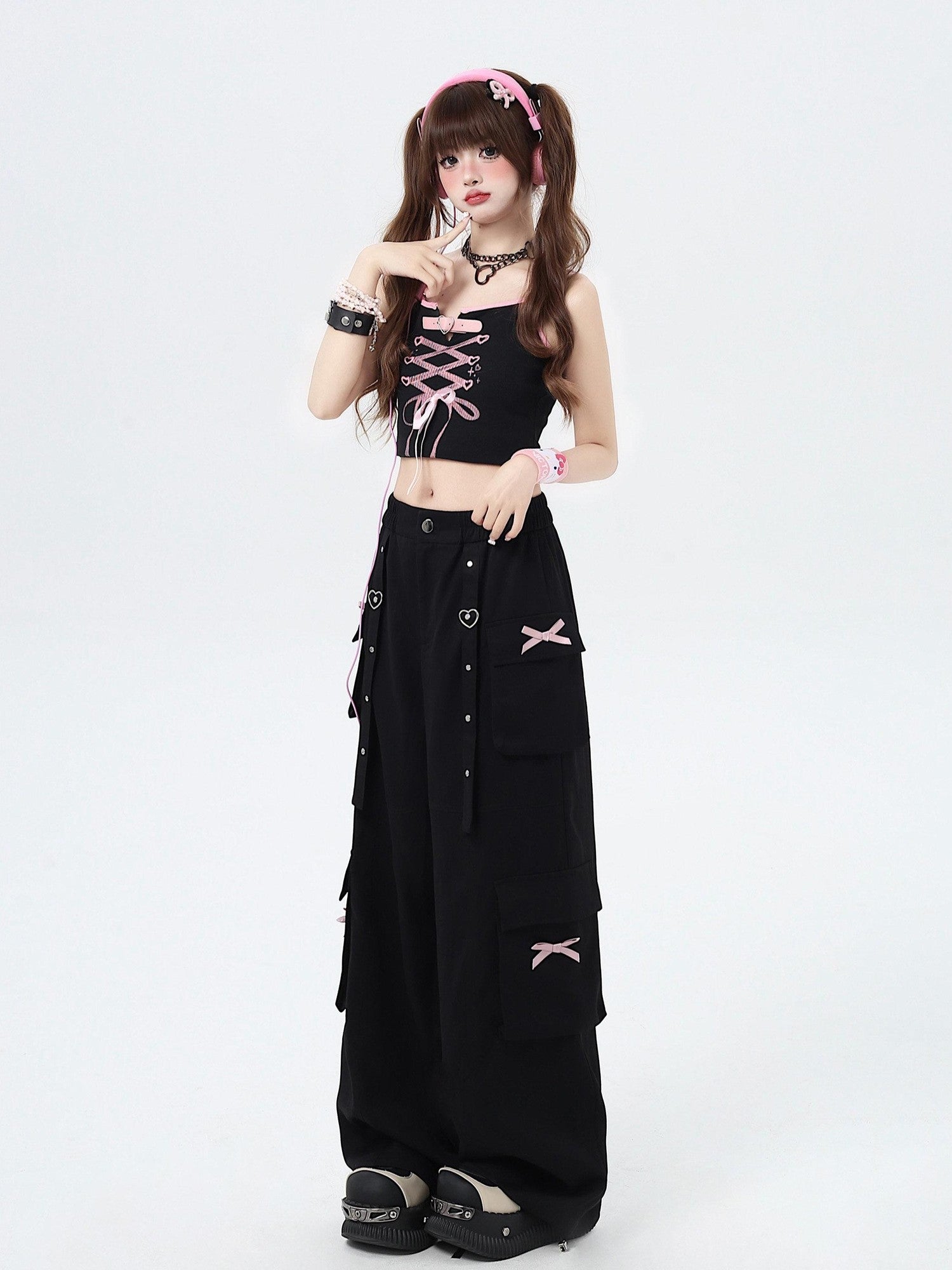 CRAZYGIRL Sweet Edgy Street Straight Loose Design Cargo Women's Wide-leg Pants