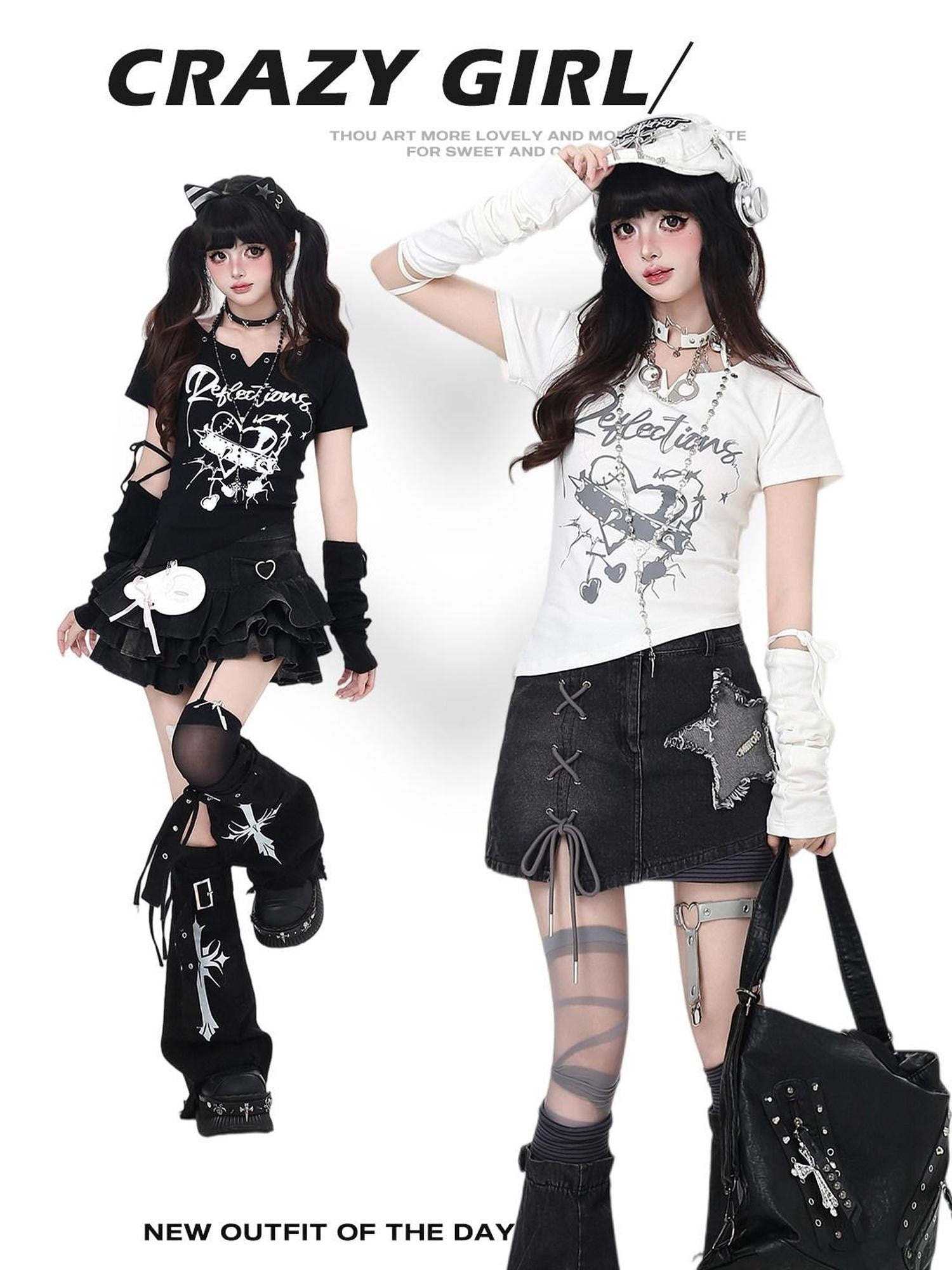 CRAZYGIRL Sweet Heart Print Spliced Slim Fit Women's Other Fabric Short Sleeve T-shirts