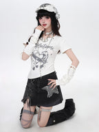 CRAZYGIRL Sweet Heart Print Spliced Slim Fit Women's Other Fabric Short Sleeve T-shirts