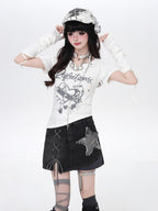 CRAZYGIRL Sweet Heart Print Spliced Slim Fit Women's Other Fabric Short Sleeve T-shirts