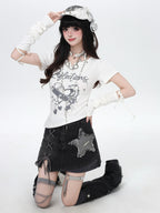 CRAZYGIRL Sweet Heart Print Spliced Slim Fit Women's Other Fabric Short Sleeve T-shirts