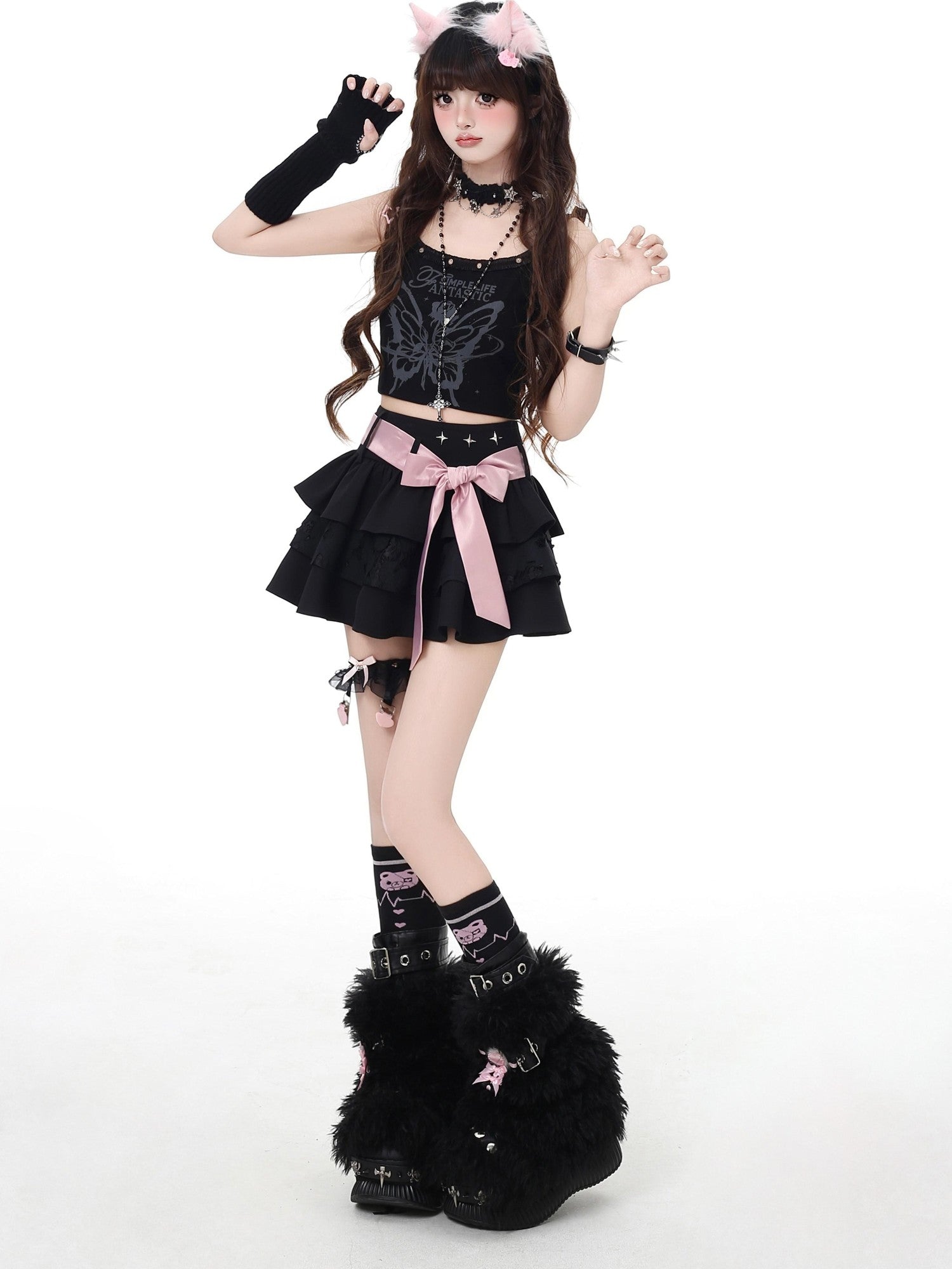 CRAZYGIRL Sweet Puffy Bow Tie Lace Up Tiered Women's Polyester Mini Skirts