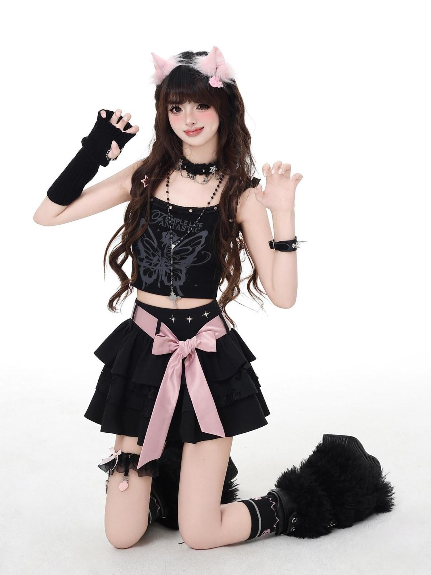 CRAZYGIRL Sweet Puffy Bow Tie Lace Up Tiered Women's Polyester Mini Skirts