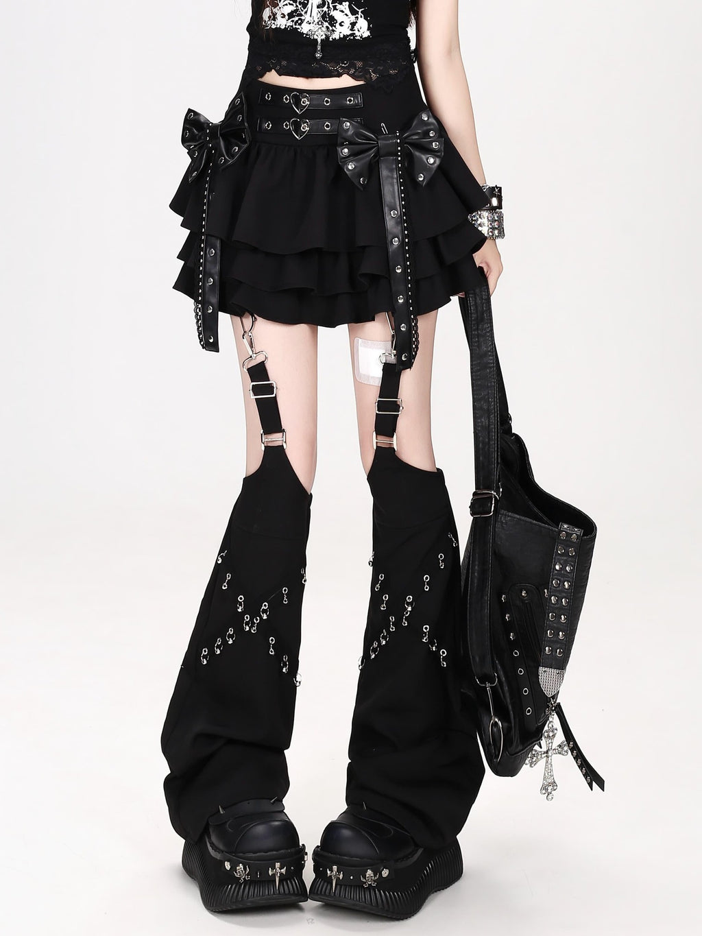 CRAZYGIRL Sweet Punk Embellished Bow Ruffled High Waist Back Zipper Women's Mini Skirts