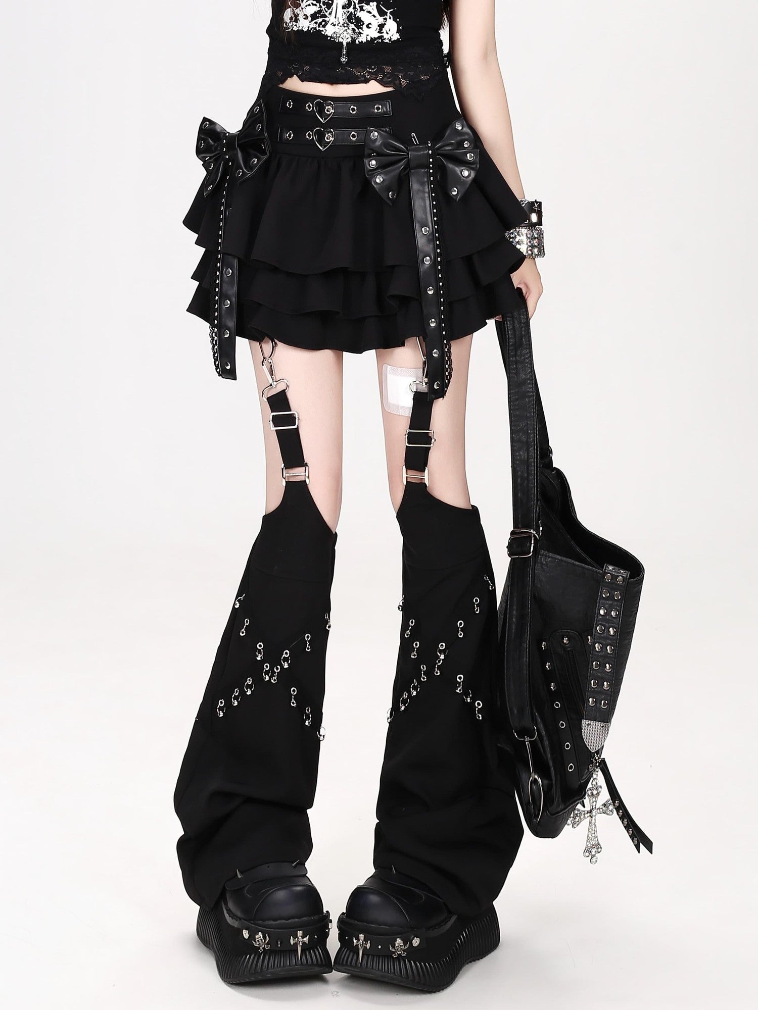 CRAZYGIRL Sweet Punk Embellished Bow Ruffled High Waist Back Zipper Women's Mini Skirts