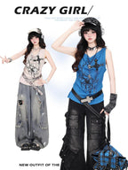 CRAZYGIRL Thorn Spider Studded Cross Print Punk Crewneck Women's Loose Fit Tank Tops