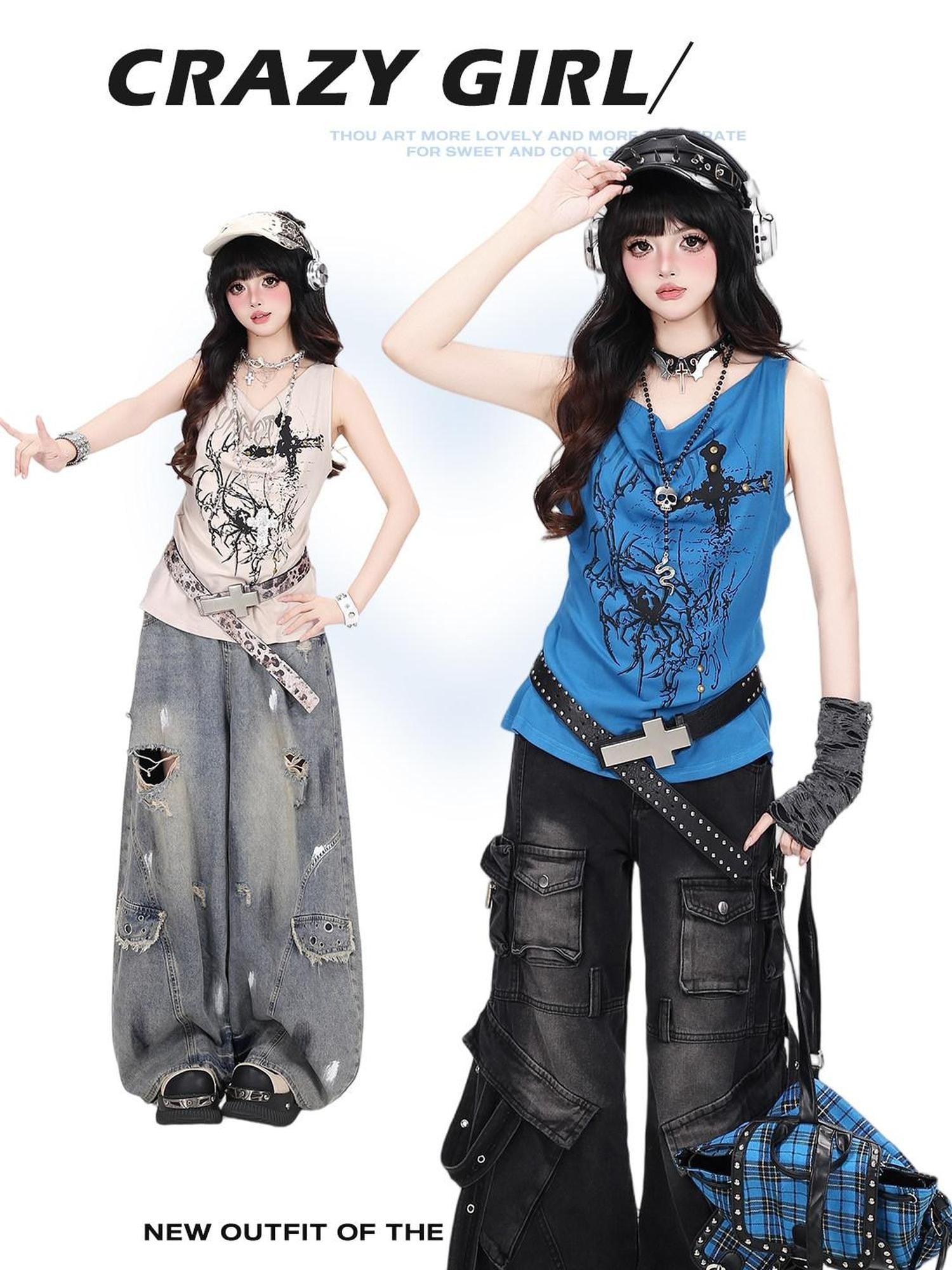 CRAZYGIRL Thorn Spider Studded Cross Print Punk Crewneck Women's Loose Fit Tank Tops