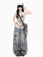 CRAZYGIRL Thorn Spider Studded Cross Print Punk Crewneck Women's Loose Fit Tank Tops