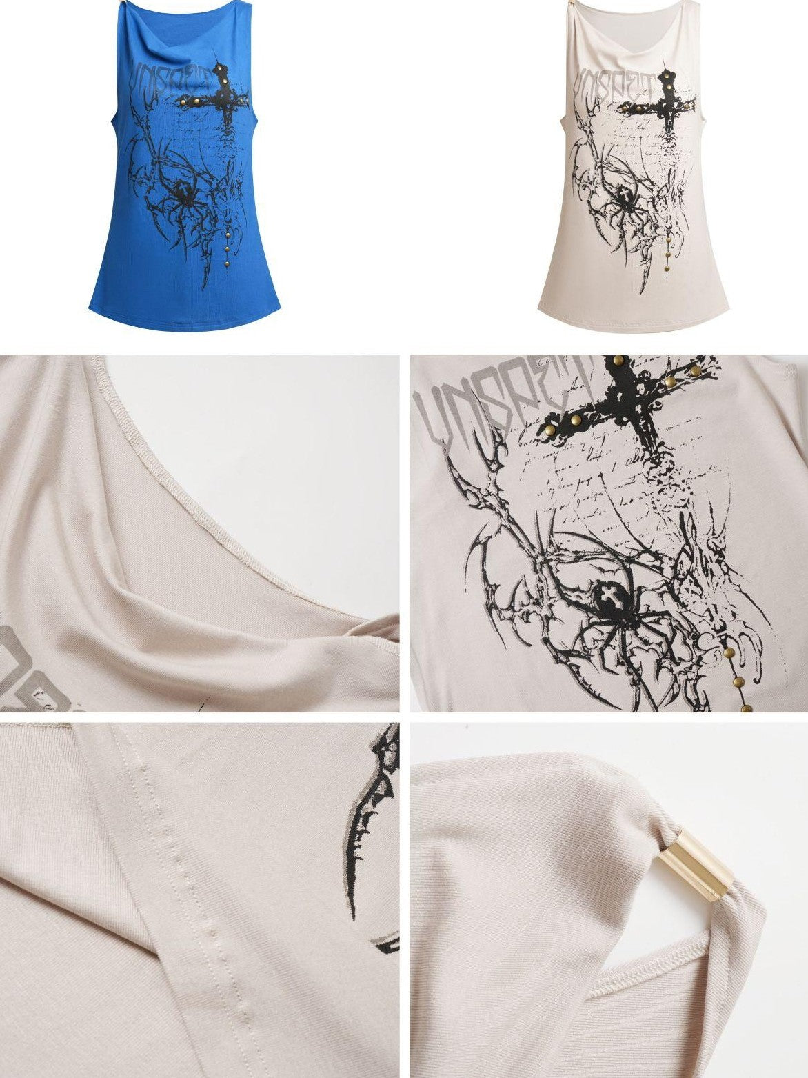 CRAZYGIRL Thorn Spider Studded Cross Print Punk Crewneck Women's Loose Fit Tank Tops