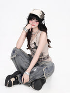 CRAZYGIRL Thorn Spider Studded Cross Print Punk Crewneck Women's Loose Fit Tank Tops