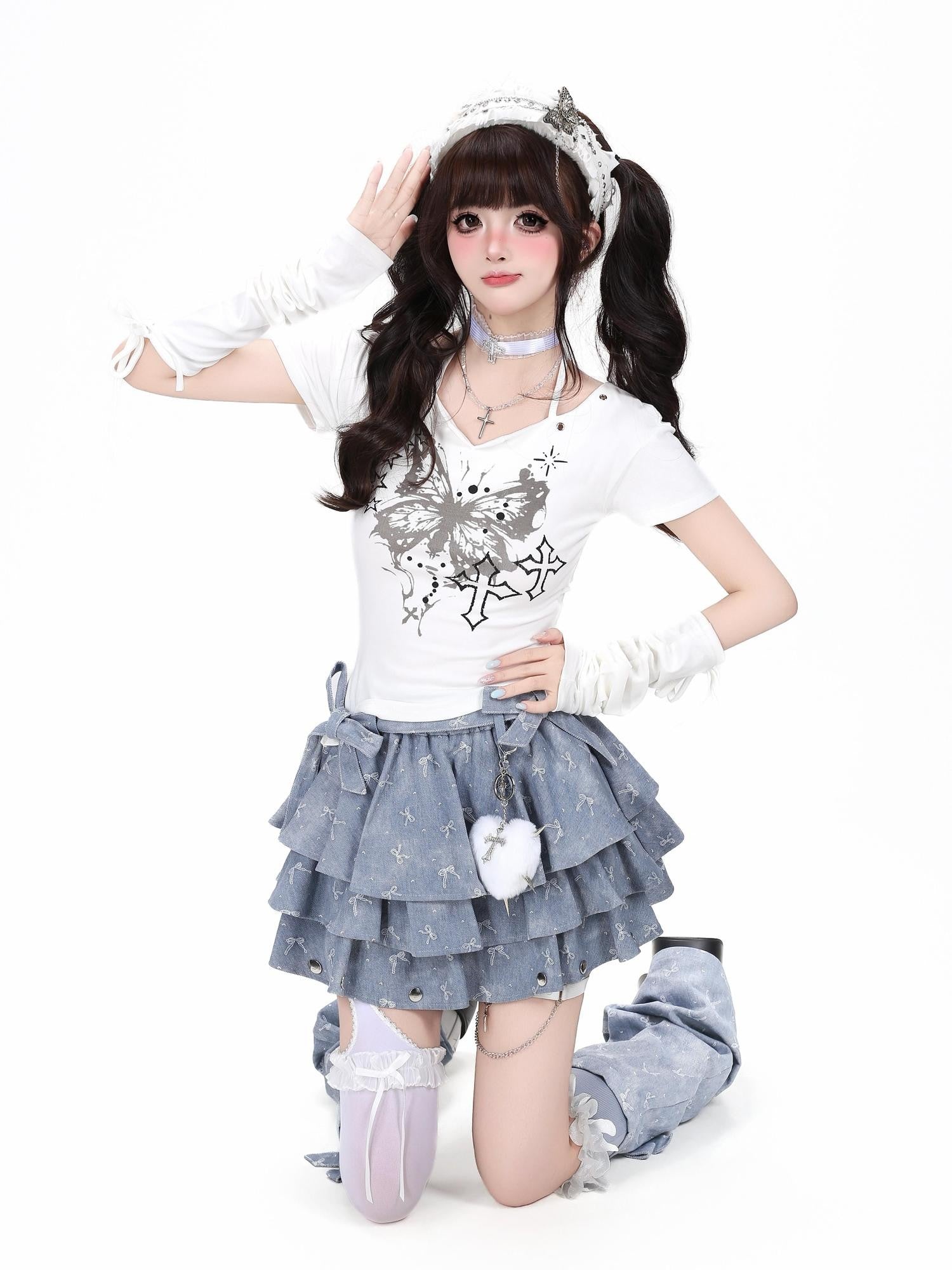 CRAZYGIRL Tonal Jacquard Bow Tiered Puff High Waist Women's Denim Mini Skirts