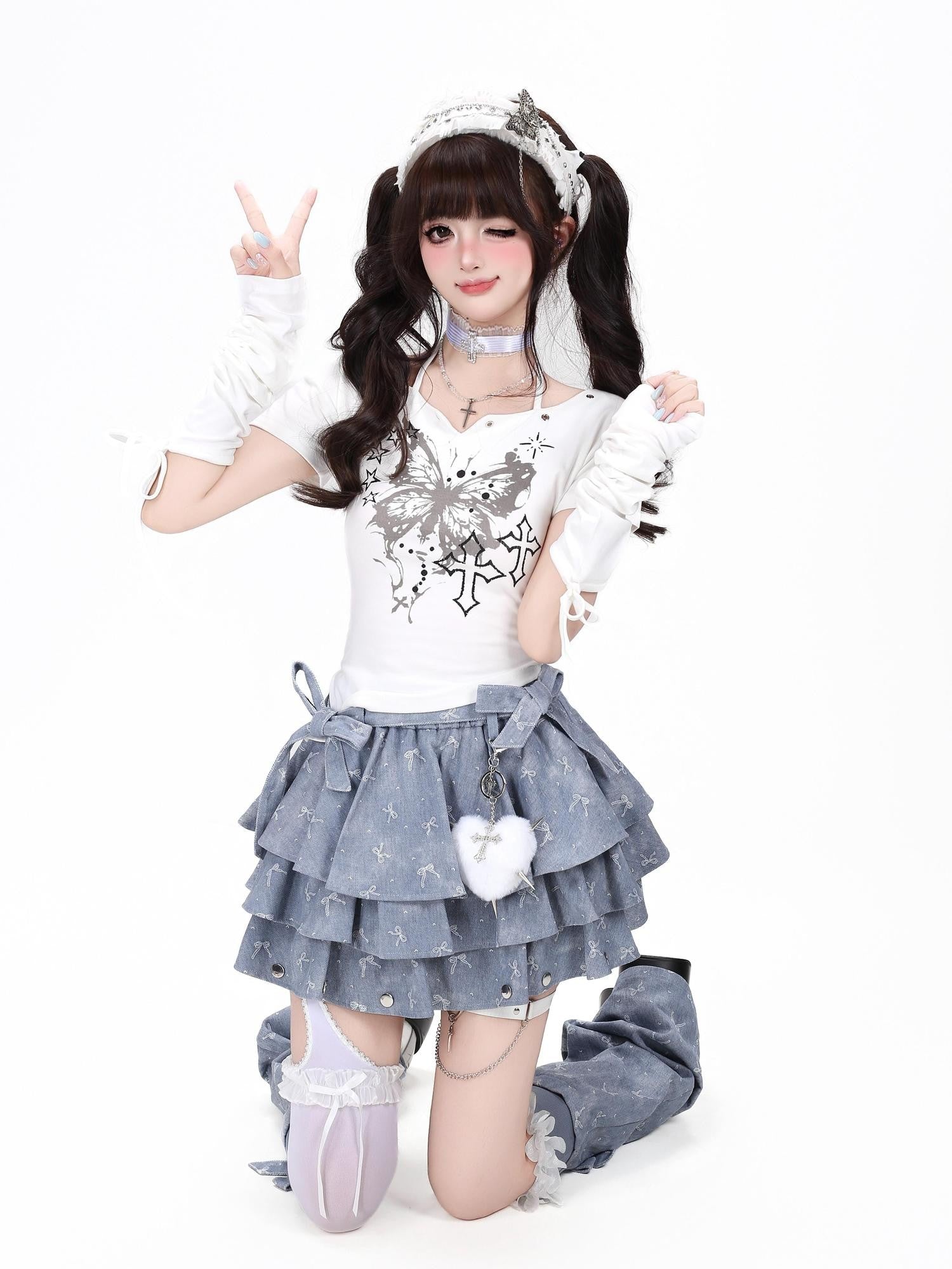 CRAZYGIRL Tonal Jacquard Bow Tiered Puff High Waist Women's Denim Mini Skirts