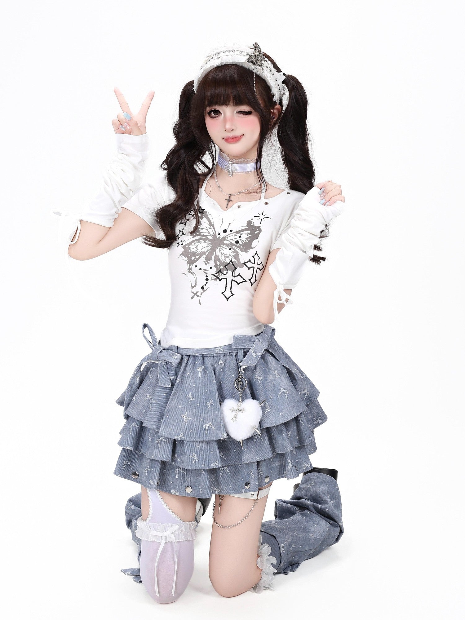 CRAZYGIRL Tonal Jacquard Bow Tiered Puff High Waist Women's Denim Mini Skirts