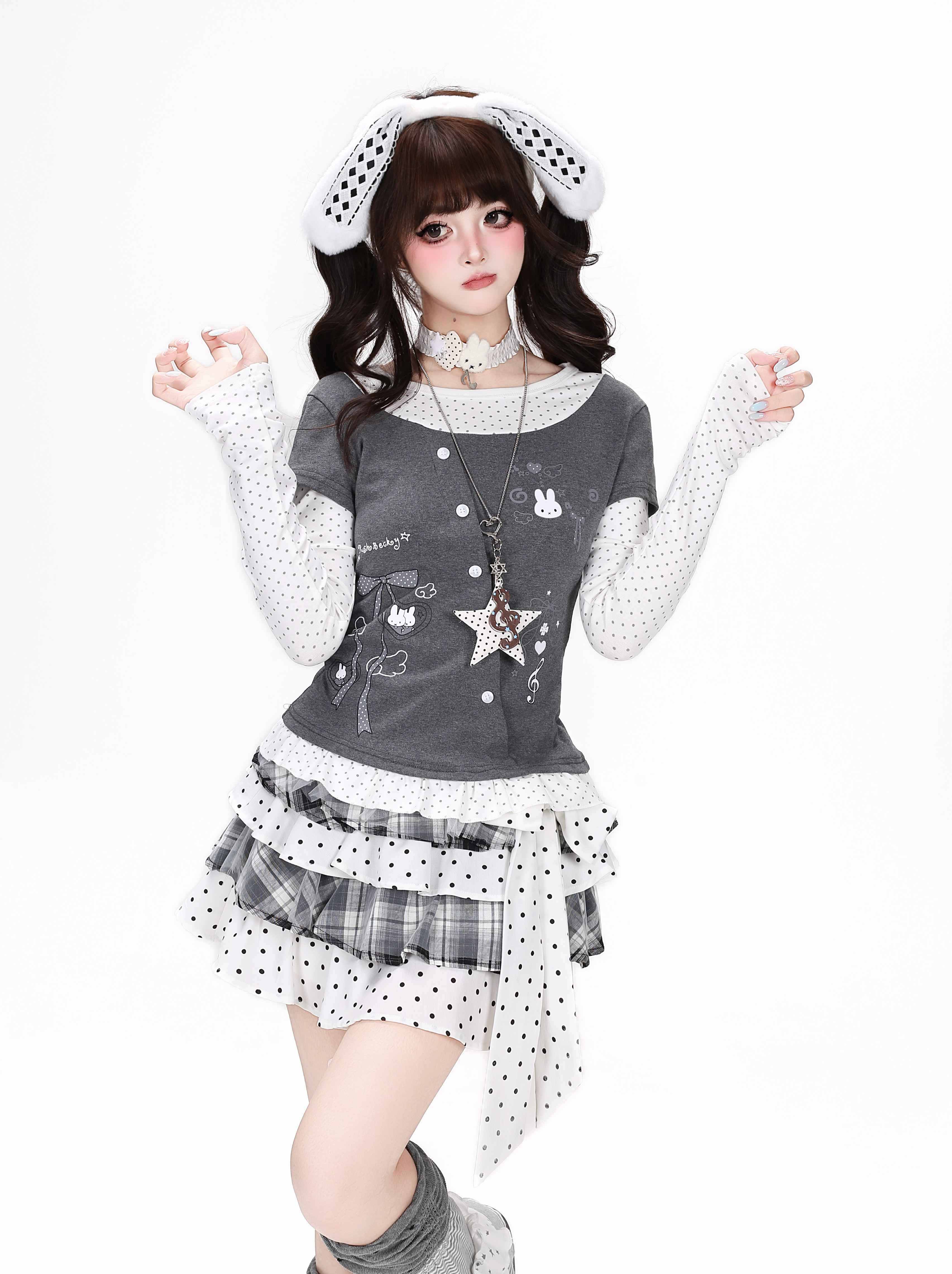 CRAZYGIRL_Tricolor_Polka_Dot_Spliced_Faux_Two_Piece_Bow_Slim_Women's_Long_Sleeve_T-shirts_1069170359773_MISSTT