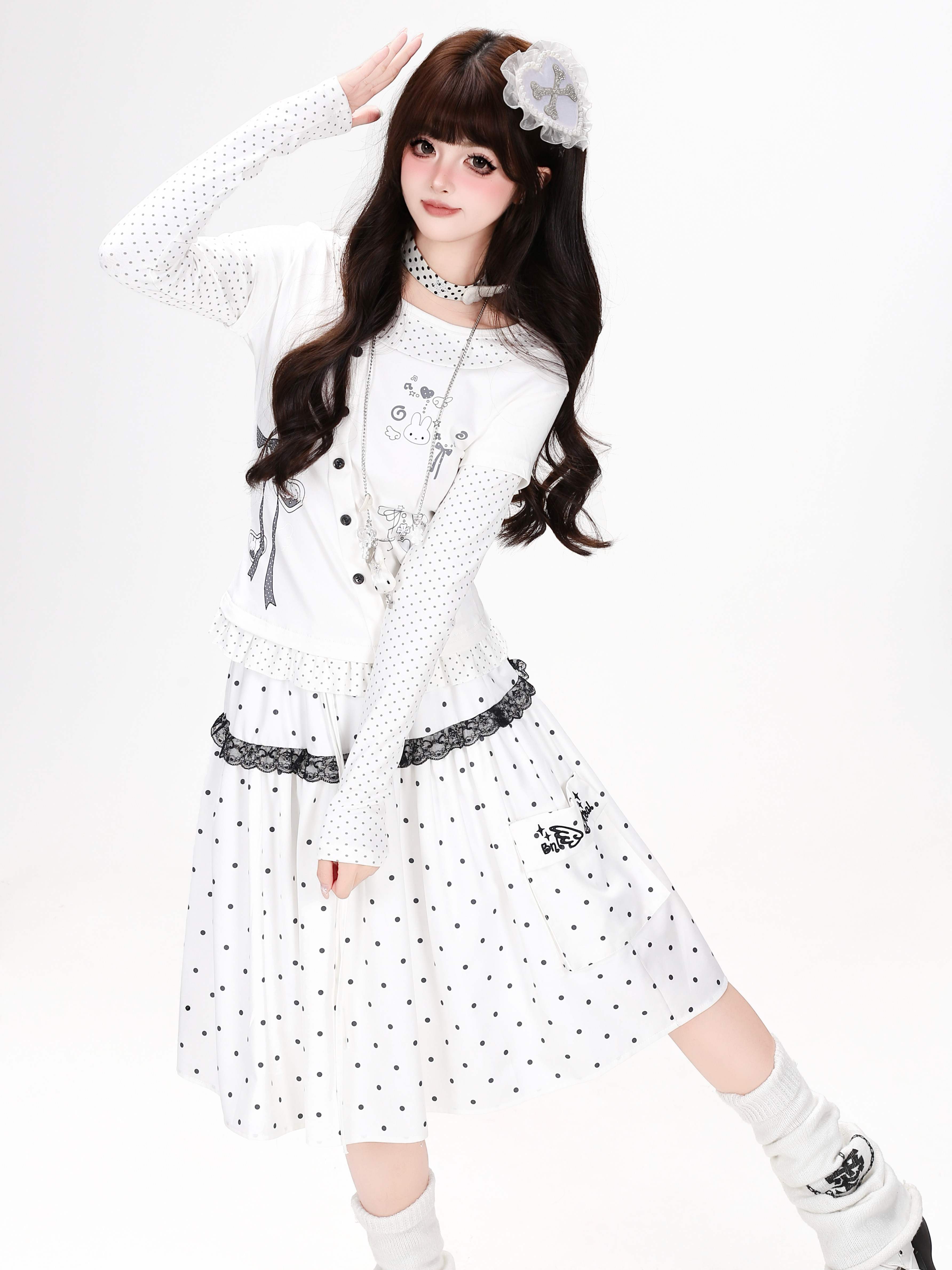 CRAZYGIRL_Tricolor_Polka_Dot_Spliced_Faux_Two_Piece_Bow_Slim_Women's_Long_Sleeve_T-shirts_1069170359773_MISSTT