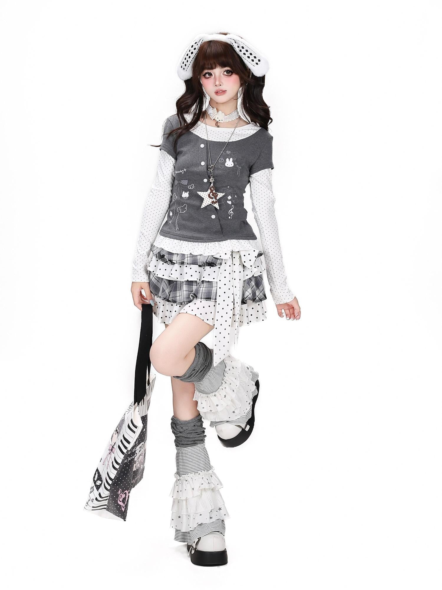 CRAZYGIRL Tricolor Polka Dot Spliced Faux Two Piece Bow Slim Women's Long Sleeve T-shirts