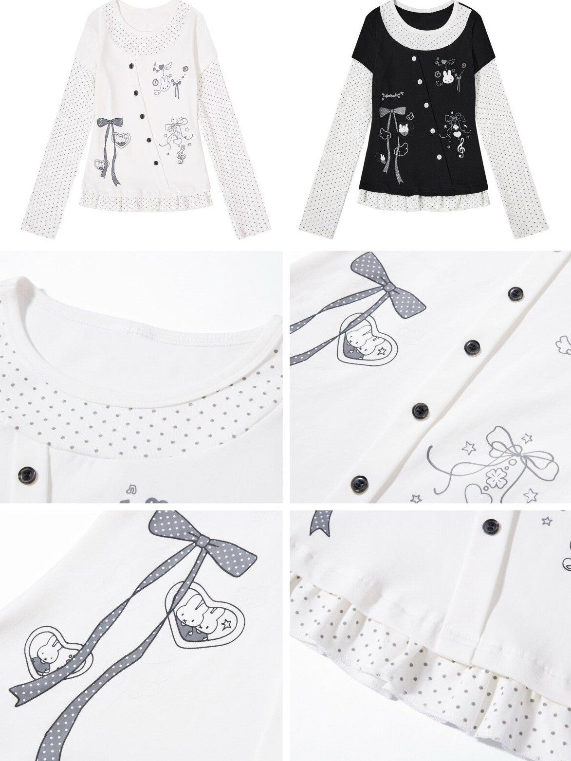 CRAZYGIRL Tricolor Polka Dot Spliced Faux Two Piece Bow Slim Women's Long Sleeve T-shirts