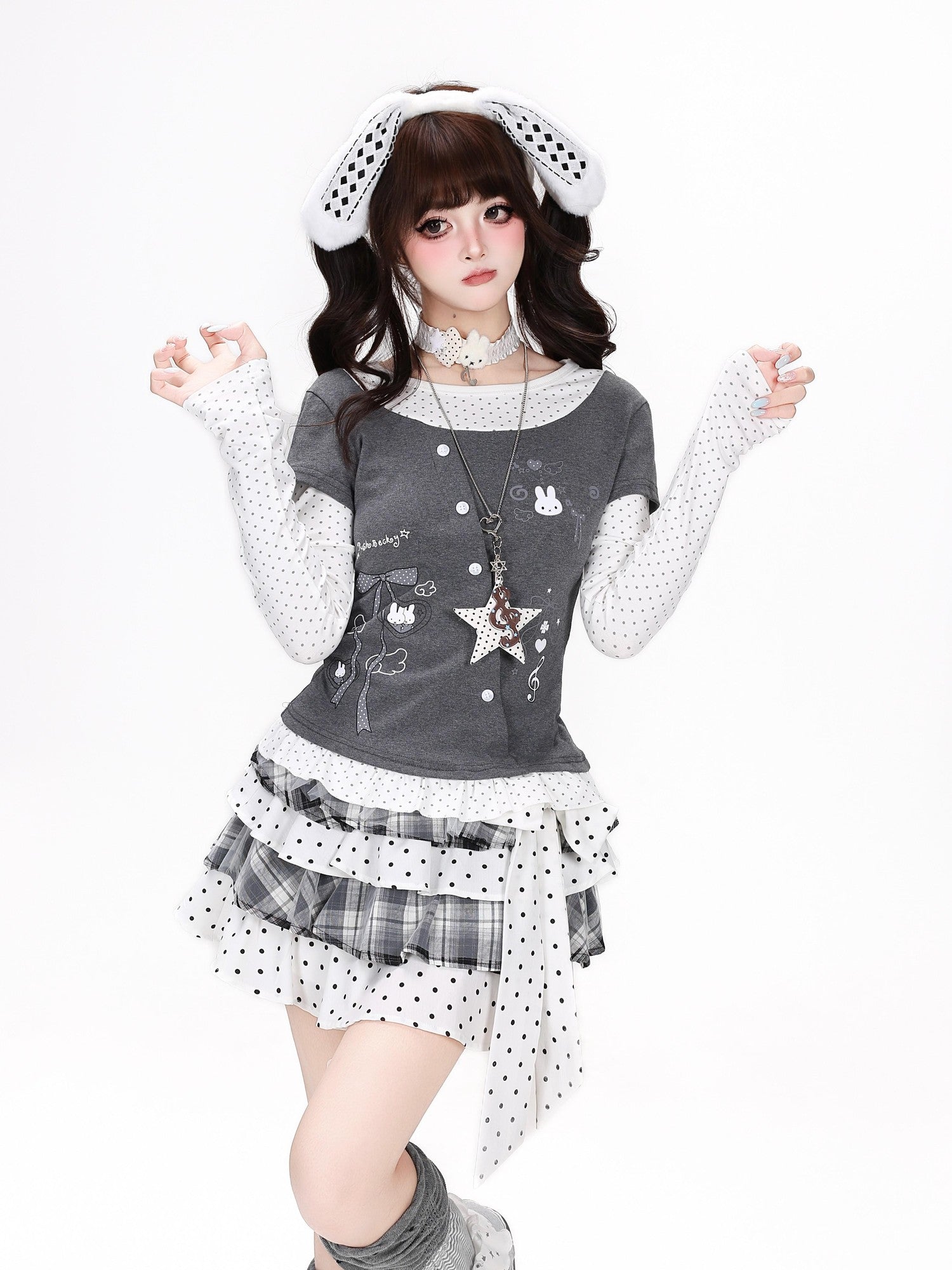 CRAZYGIRL Tricolor Polka Dot Spliced Faux Two Piece Bow Slim Women's Long Sleeve T-shirts