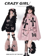 CRAZYGIRL V-neck Jacquard Bow Women's Loose Thermal Long Sleeve Cardigans
