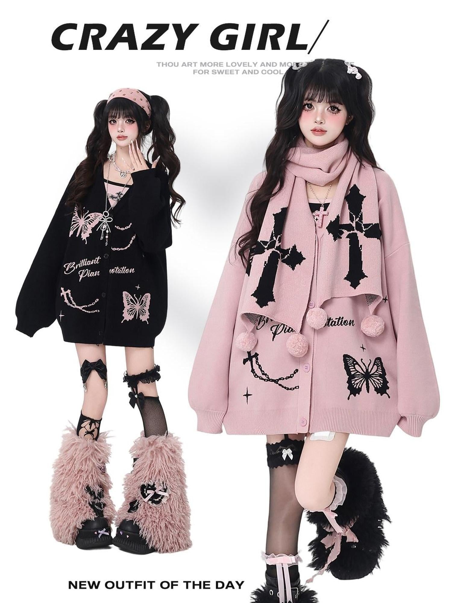 CRAZYGIRL V-neck Jacquard Bow Women's Loose Thermal Long Sleeve Cardigans